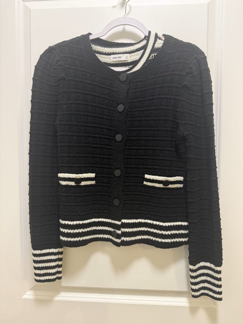 Nine West Striped Puff Sleeve Cardigan Knit Sweater Sz XS